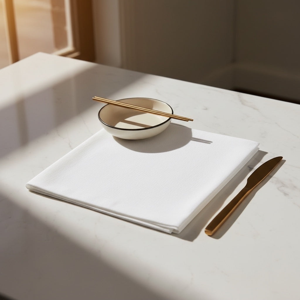 Eclectic Françoise Paviot Uni Blanc white airlaid dinner napkin on a marble table with gold cutlery and a small bowl