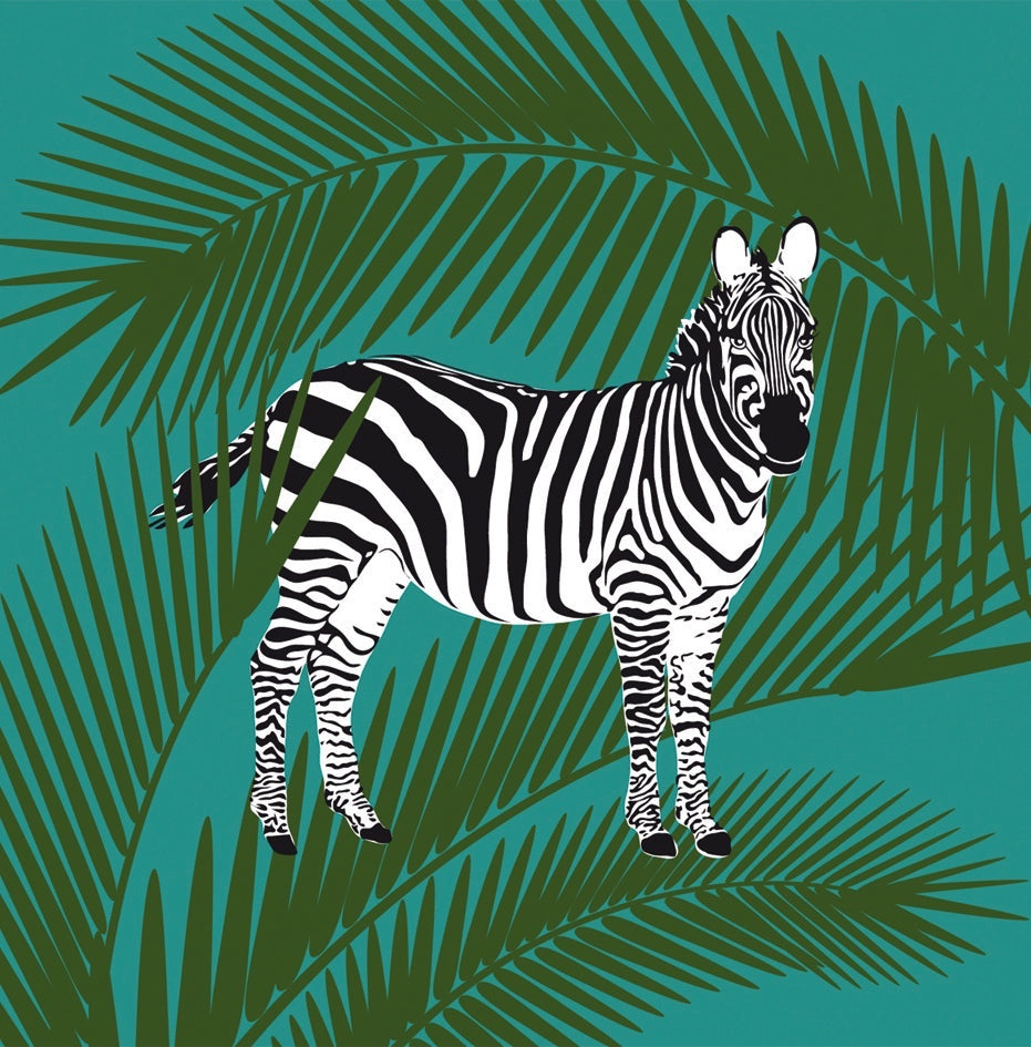 Eclectic Françoise Paviot zebra print cocktail napkin with green palm leaves on a teal background