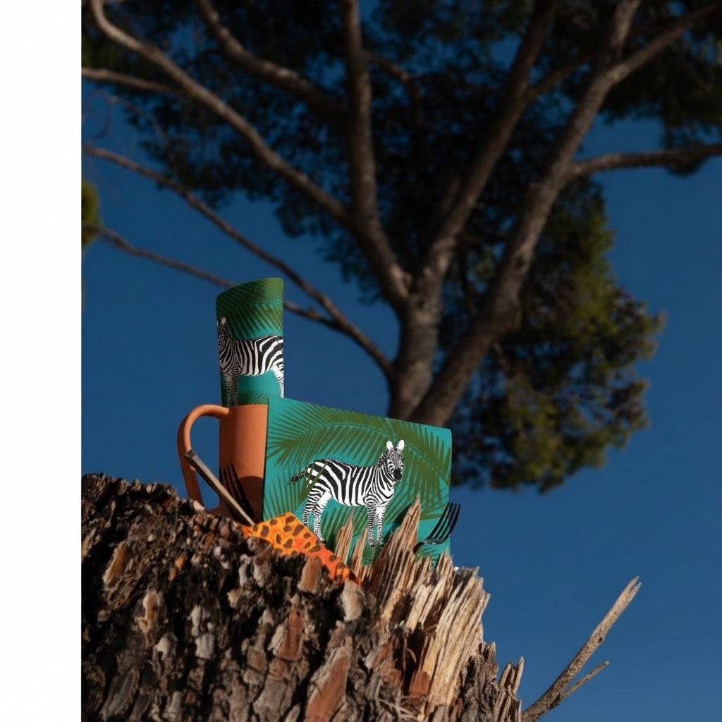 Eclectic Françoise Paviot zebra print cocktail napkins with palm leaf design displayed on a tree stump outdoors.