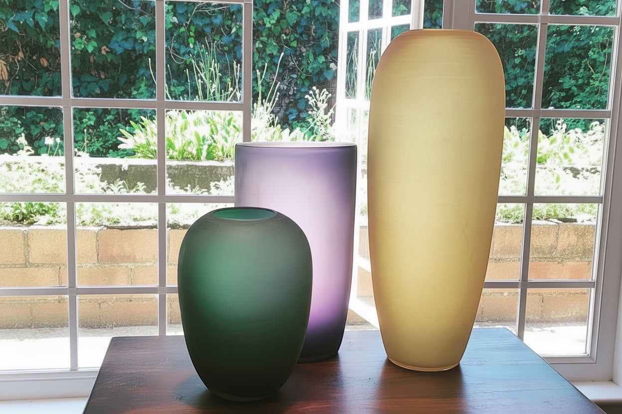 Eclectic frosted plum glass cylinder vase standing tall on a wooden surface in front of a window.
