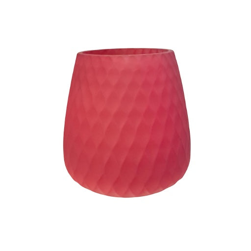 Eclectic frosted strawberry red glass vase and candle holder with a textured diamond pattern