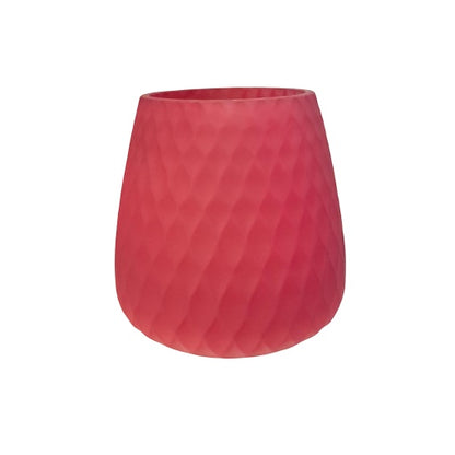 Eclectic frosted strawberry red glass vase and candle holder with a textured diamond pattern