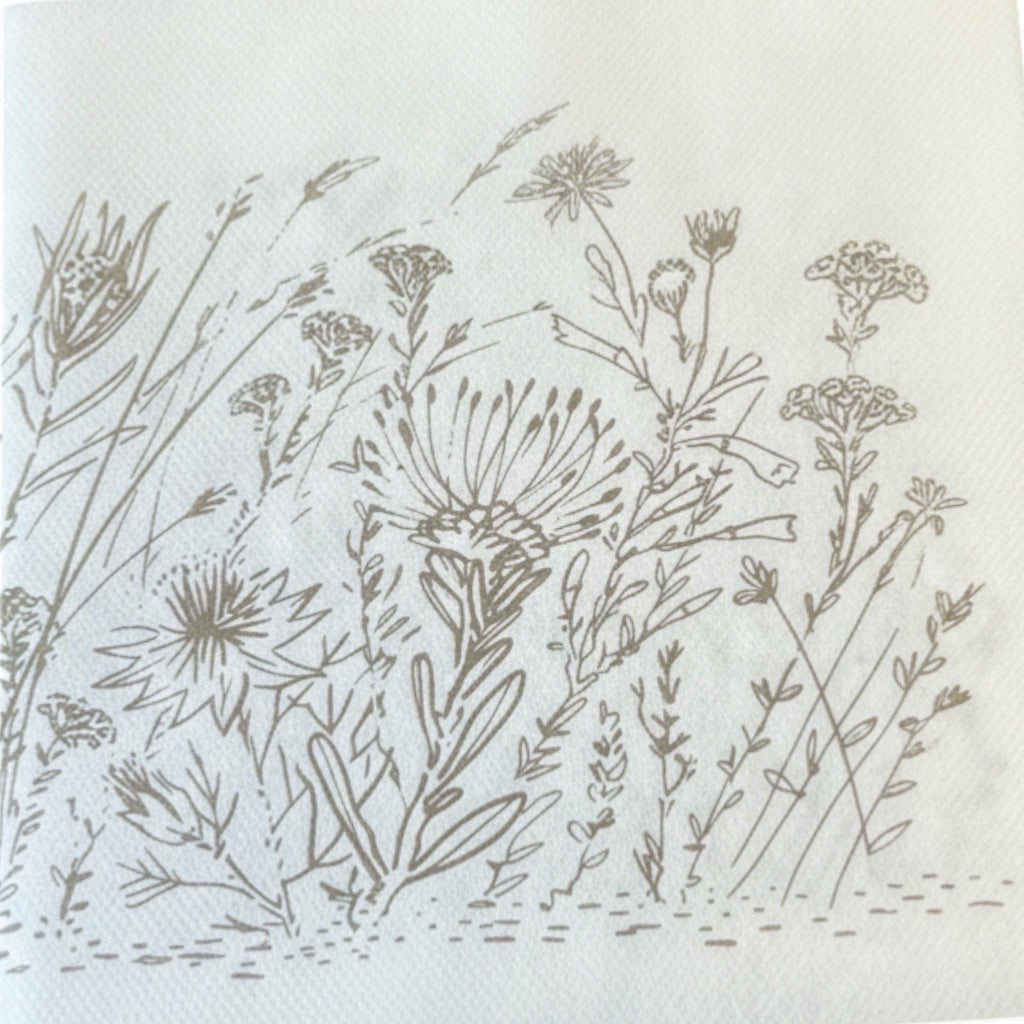 Eclectic Fynbos oatmeal botanical print on white airlaid linen-feel disposable napkin