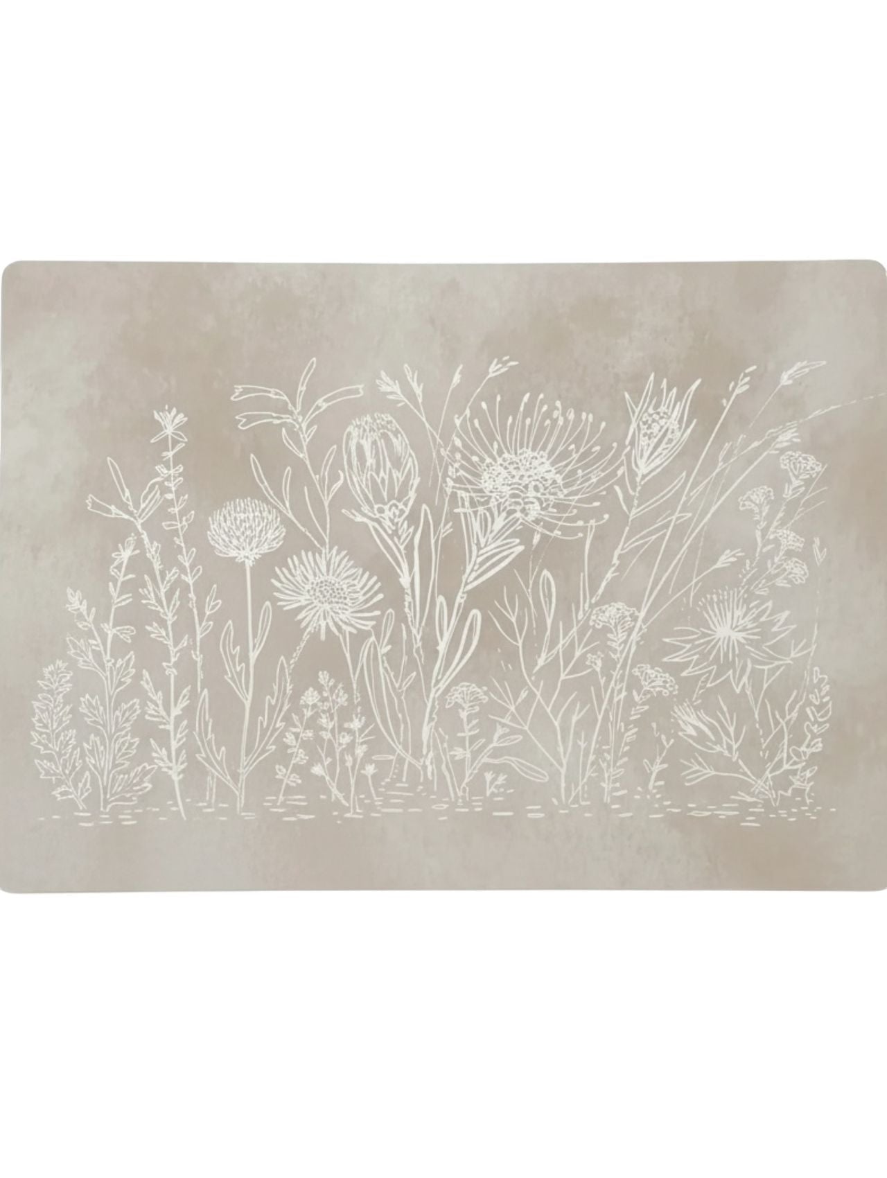 Eclectic Fynbos Oatmeal reusable placemat featuring white botanical linework on a neutral paperboard background.