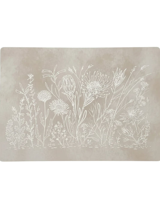 Eclectic Fynbos Oatmeal reusable placemat featuring white botanical linework on a neutral paperboard background.