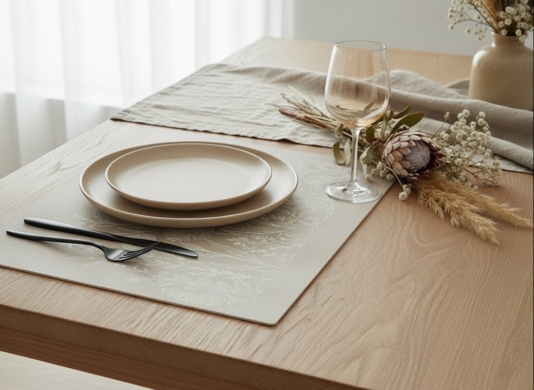 Eclectic Fynbos Oatmeal reusable placemats with white botanical linework on a wooden table with plates and cutlery.