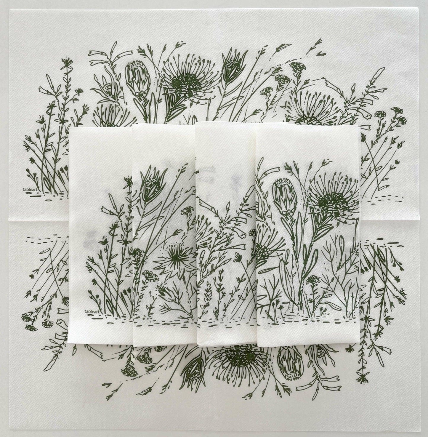 Eclectic Fynbos sage green disposable airlaid napkins with delicate botanical linework on a white background.