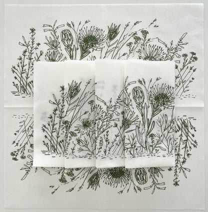 Eclectic Fynbos sage green disposable airlaid napkins with delicate botanical linework on a white background.