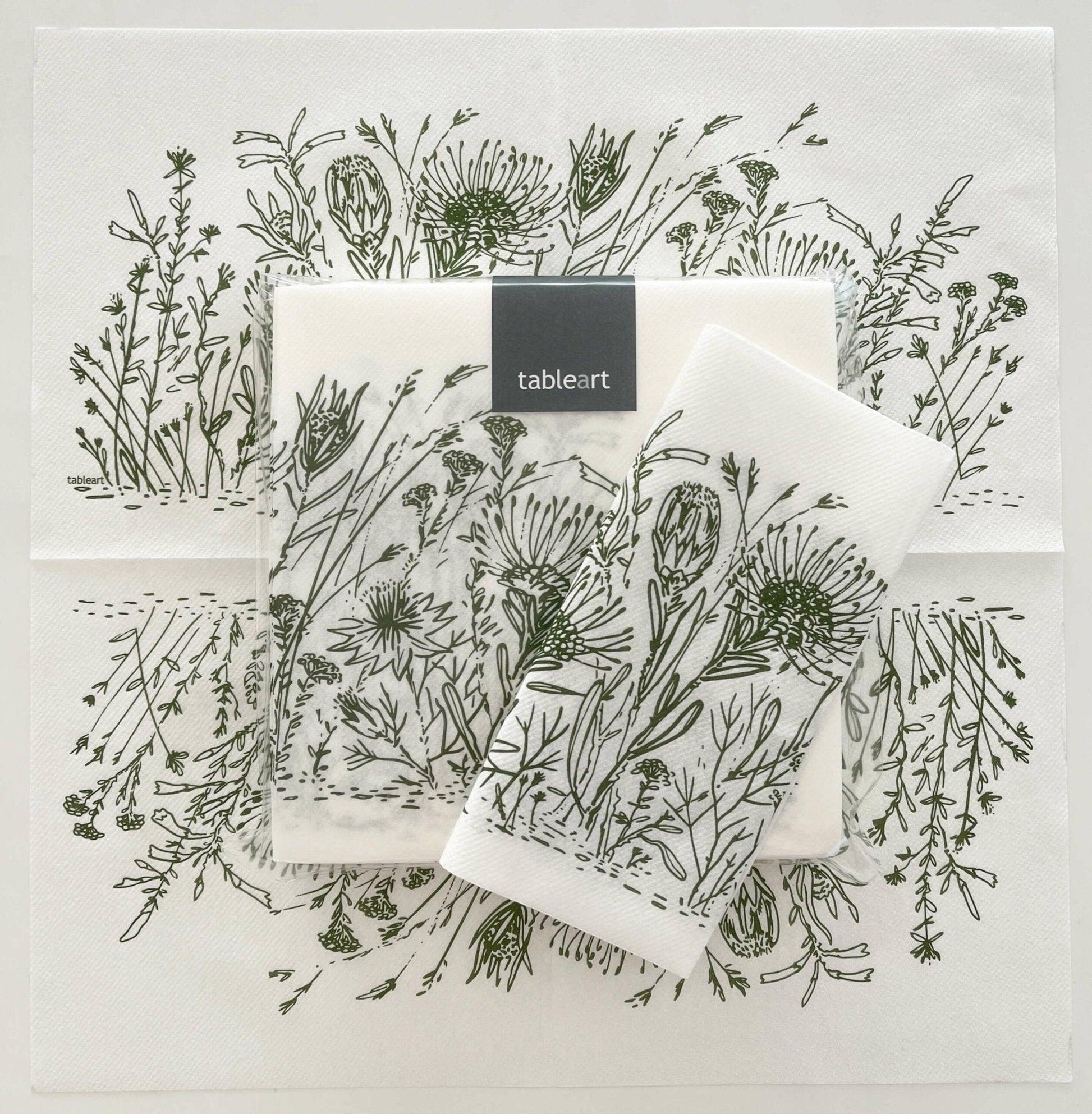 Eclectic Fynbos sage green disposable airlaid napkins with linen-like texture and botanical floral print