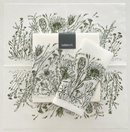 Eclectic Fynbos sage green disposable airlaid napkins with linen-like texture and botanical floral print