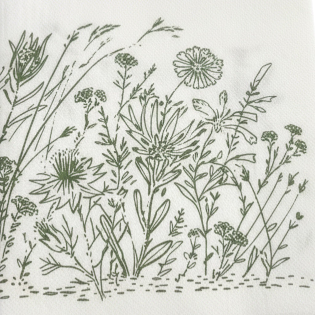 Eclectic Fynbos sage green disposable airlaid napkins with delicate botanical linework on a white background.