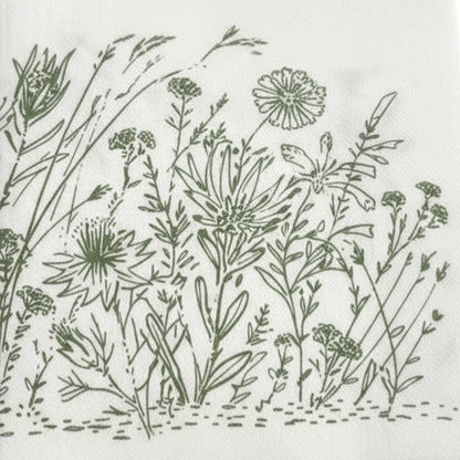 Eclectic Fynbos sage green disposable airlaid napkins with delicate botanical linework on a white background.