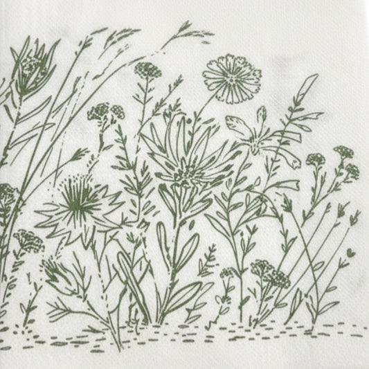 Eclectic Fynbos sage green disposable airlaid napkins with delicate botanical linework on a white background.
