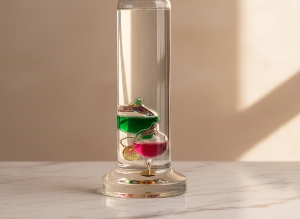 Eclectic 30cm Galileo glass thermometer with floating green and pink spheres on a marble surface.