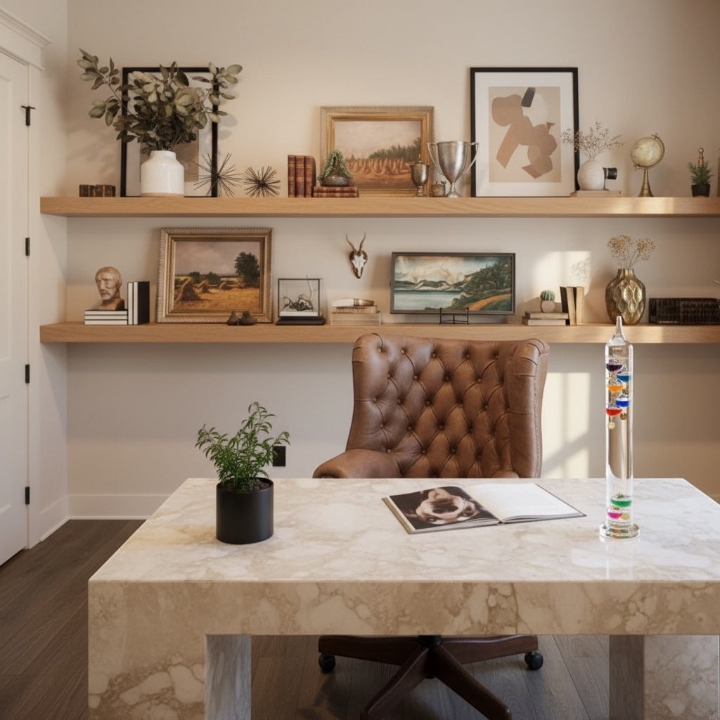 Eclectic 30cm Galileo glass thermometer with seven coloured spheres on a marble desk in a home office setting.