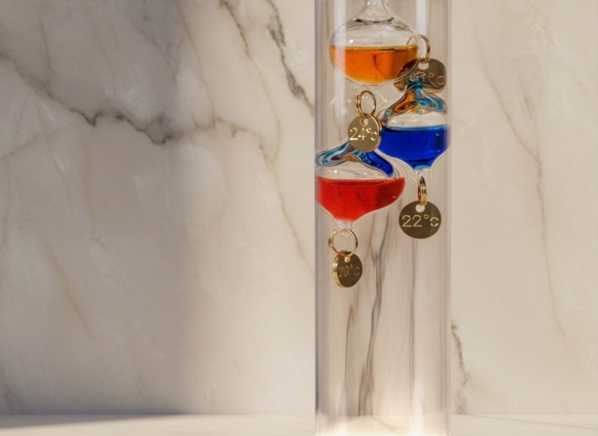 Eclectic 30cm Galileo glass thermometer with floating coloured spheres and gold temperature tags against marble background