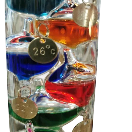 Eclectic 30cm Galileo glass thermometer featuring colourful floating spheres with engraved temperature tags