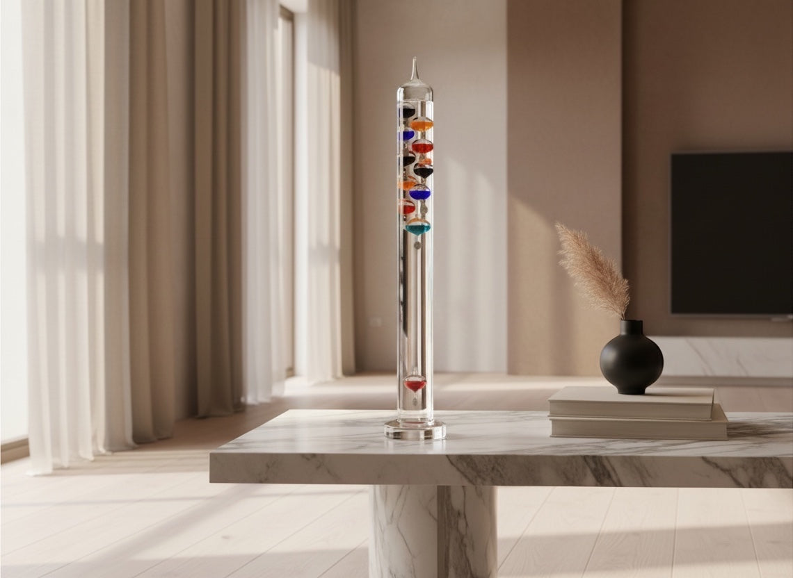 Eclectic 60cm glass Galileo thermometer with 11 multi-coloured floating spheres on a marble table in a modern room.