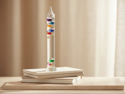 Eclectic 30cm Galileo glass thermometer with seven colourful floating spheres resting on a stack of books.