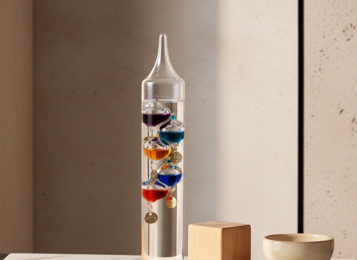 Eclectic 30cm Galileo glass thermometer with seven floating multi-coloured spheres on a minimalist desk surface.