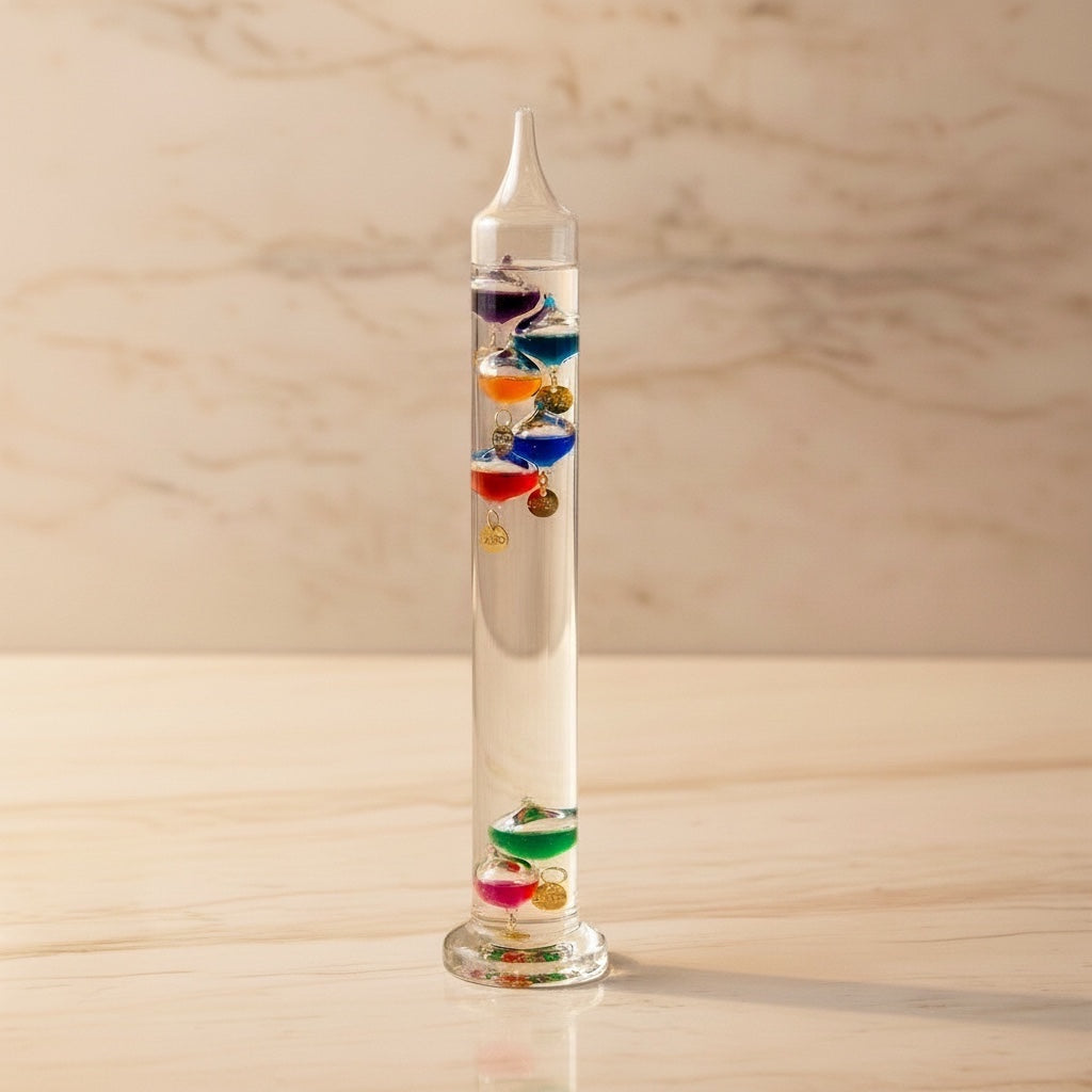 Eclectic 30cm Galileo glass thermometer with seven floating multi-coloured spheres on a marble surface.