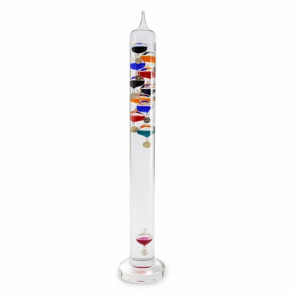 Eclectic 60cm Galileo glass thermometer with 11 multi-coloured floating spheres in a clear cylindrical tube