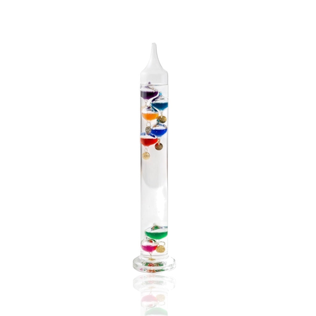 Eclectic 30cm Galileo glass thermometer with seven floating multi-coloured spheres and temperature tags on white