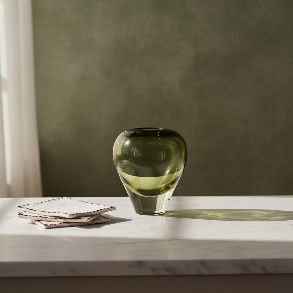 Eclectic Gelato olive green glass vase with a rounded silhouette and layered internal effect on a marble surface.