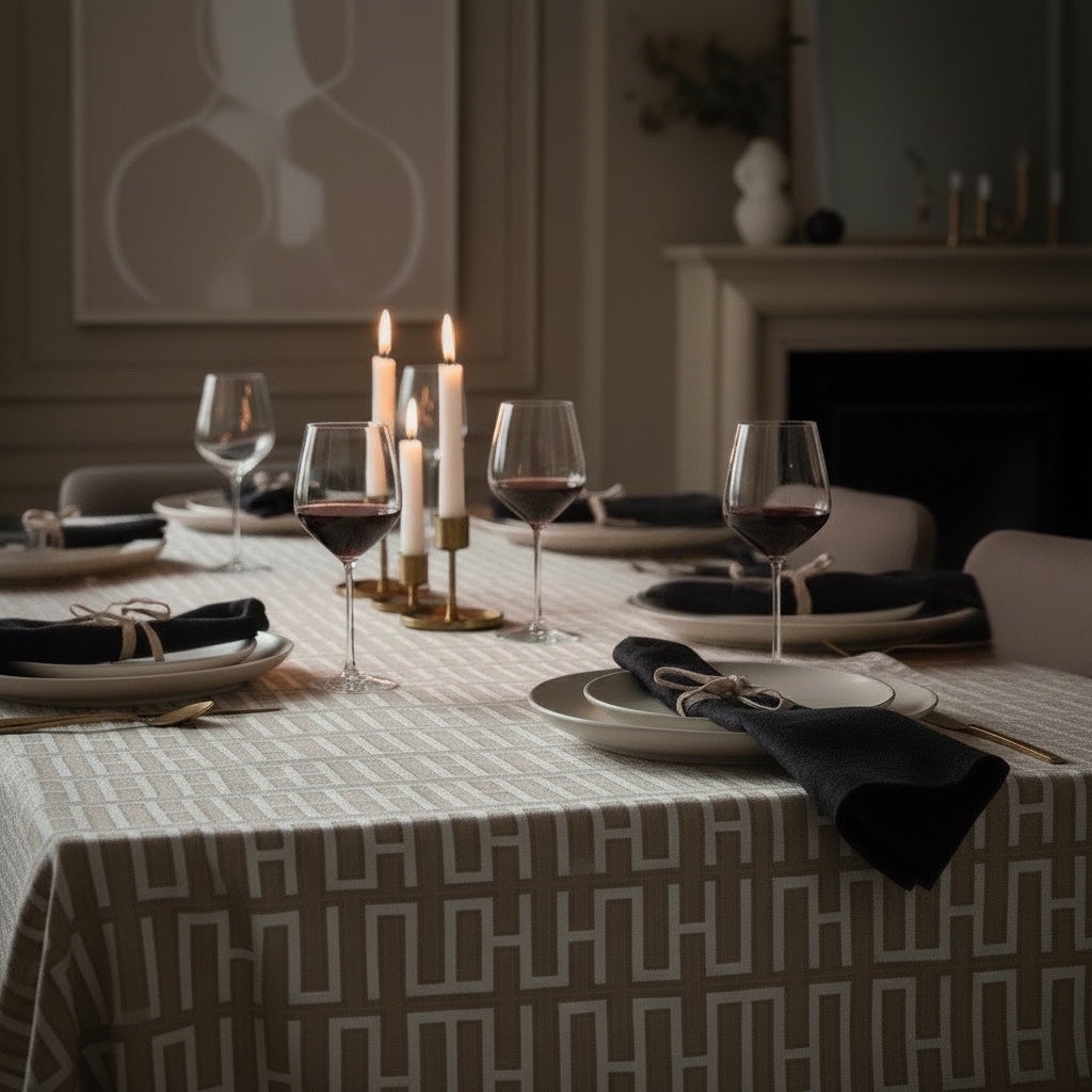 Eclectic natural linen-look tablecloth with a geometric pattern on a dining table set with black napkins and wine.