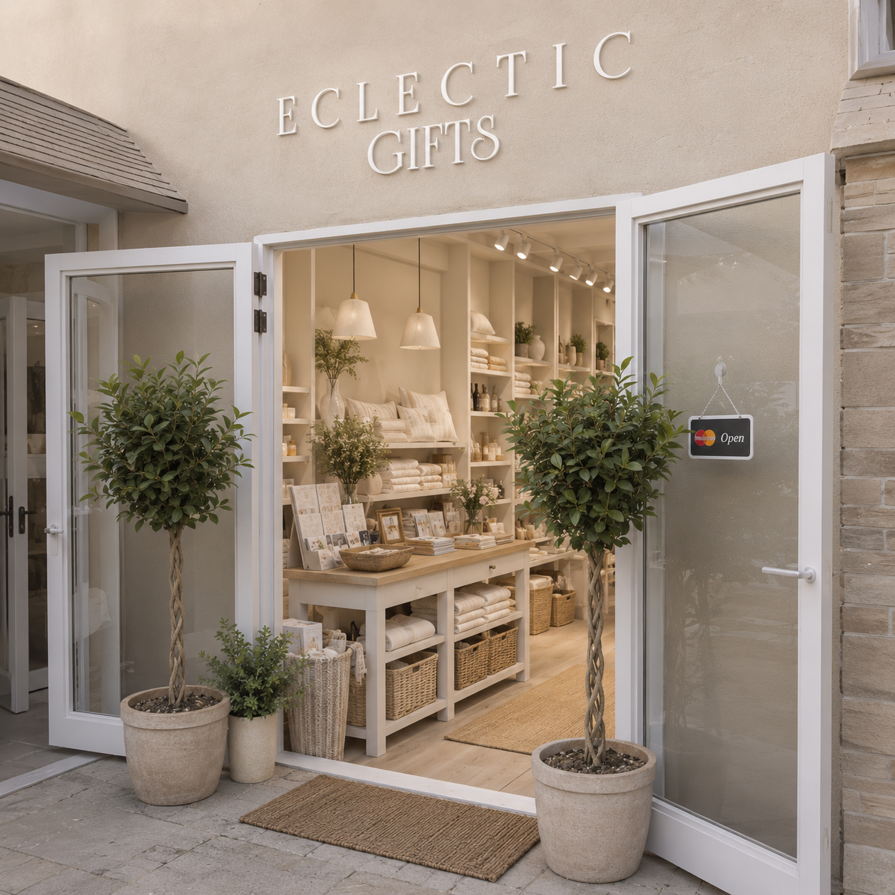 Eclectic Gifts storefront in Birdhaven with open doors and luxury gifts displayed inside.