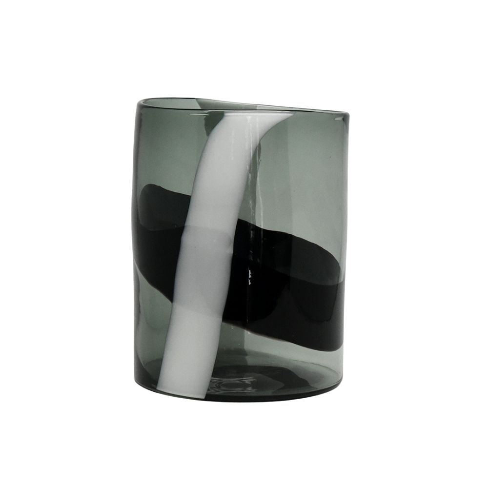 Black and white glass vase with cylindrical contemporary design
