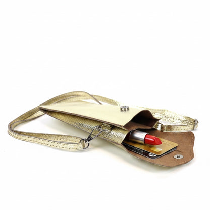Eclectic gold pebbled leather phone crossbody bag with magnetic closure, adjustable strap, and internal compartments.