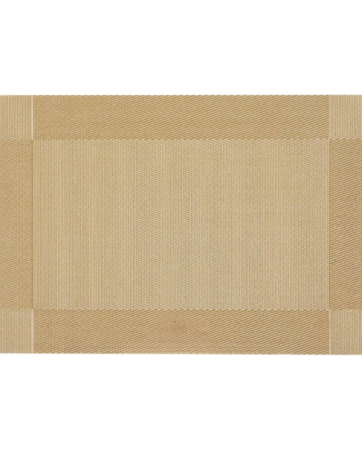 Eclectic rectangular gold woven PVC placemat with a textured border for a sophisticated dining table setting.