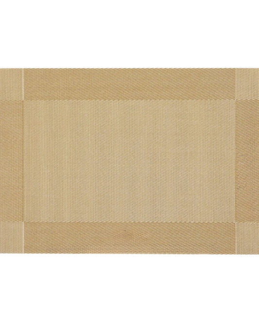 Eclectic rectangular gold woven PVC placemat with a textured border for a sophisticated dining table setting.