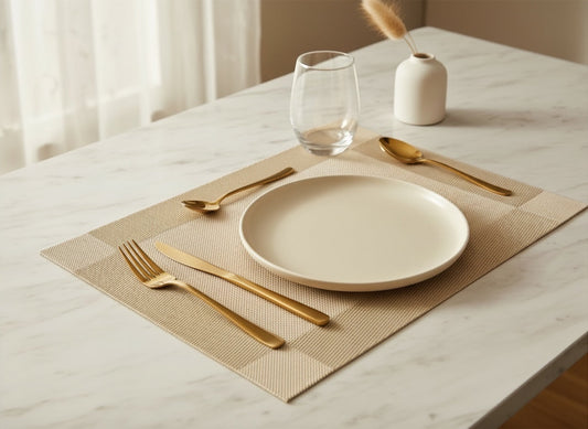 Eclectic gold woven PVC rectangular placemat set on a marble table with a white plate and gold cutlery.