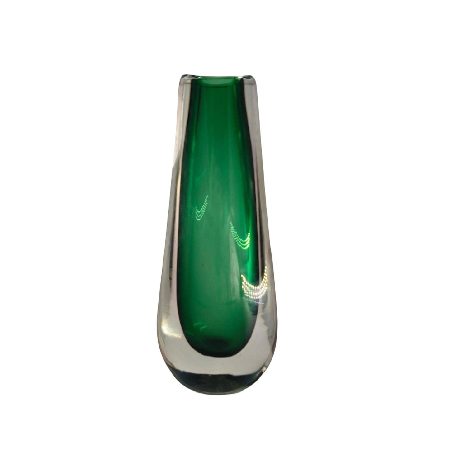 Eclectic green drop art glass vase with a smooth polished finish and a layered clear glass exterior.
