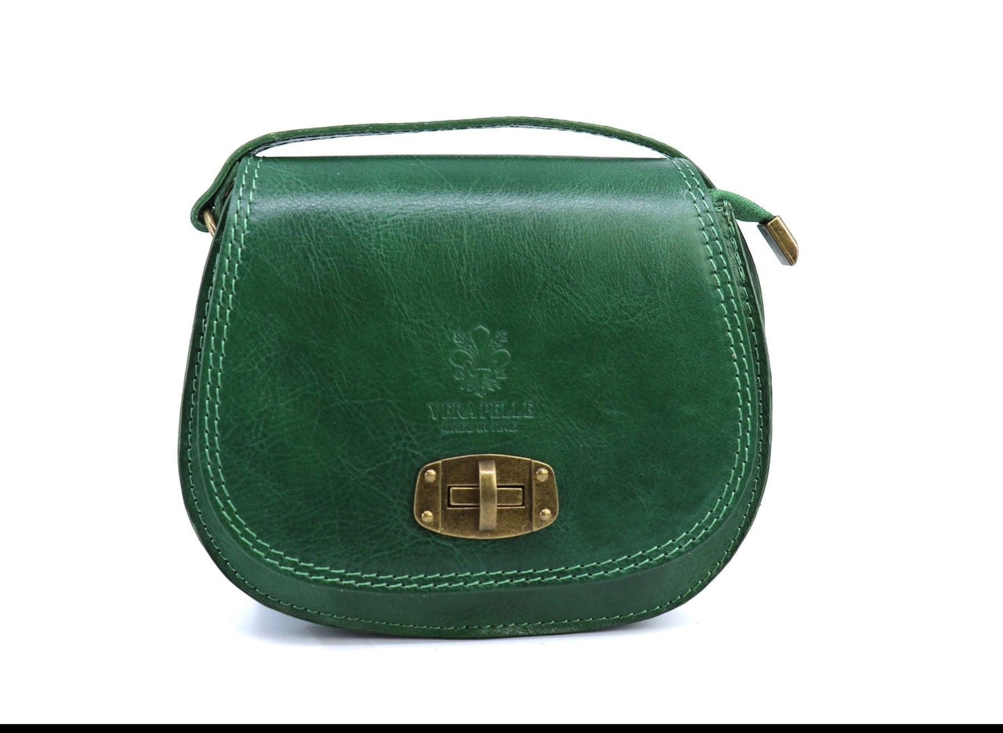 Eclectic green Italian leather crossbody bag with a structured silhouette, brushed brass twist-lock, and stitching.