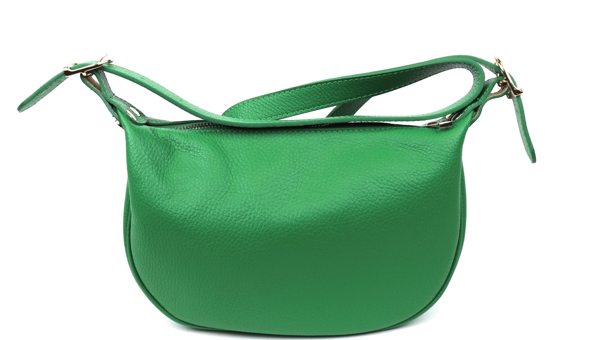 Eclectic green grained leather half moon sling bag with an adjustable strap and gold-tone hardware.