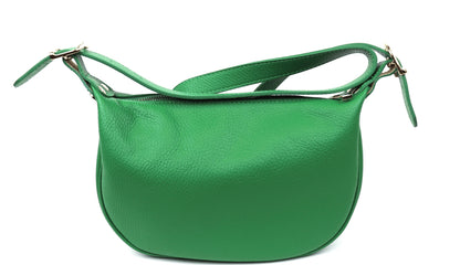 Eclectic green grained leather half moon sling bag with an adjustable strap and gold-tone hardware.