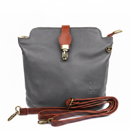 Eclectic Roma grey Italian leather crossbody bag with tan trim, gold-tone hardware, and detachable strap.