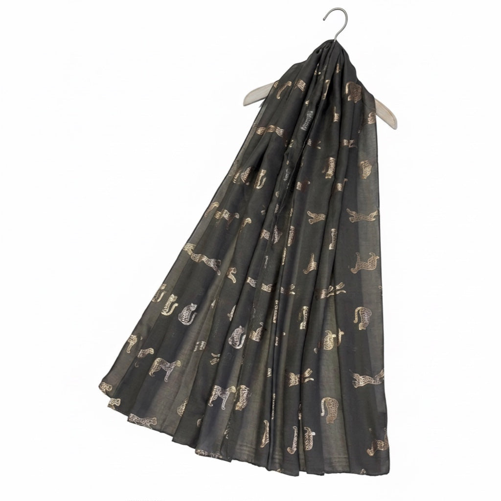 Eclectic grey scarf with rose gold leopard print foil pattern, made from a soft cotton and viscose blend.