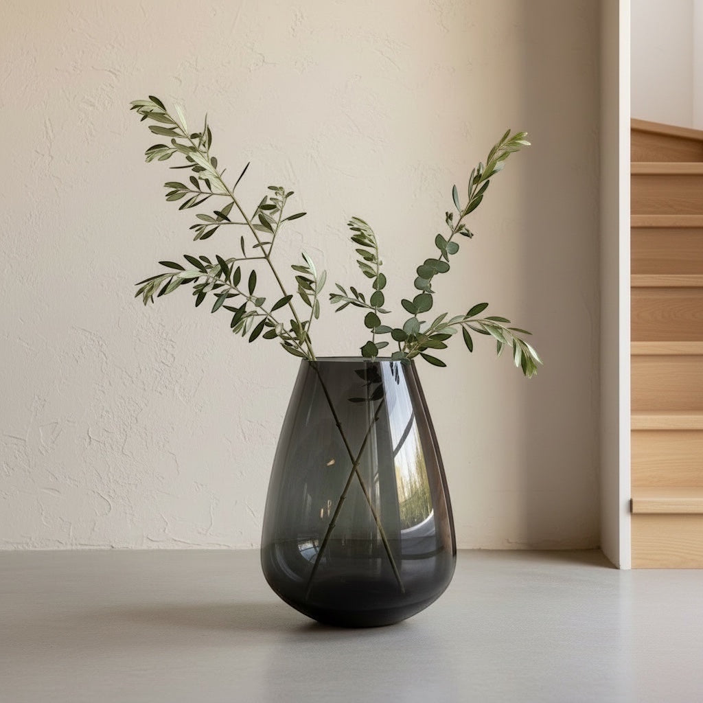 Eclectic extra-large grey smoked glass bulb vase holding green branches on a floor in a contemporary interior.