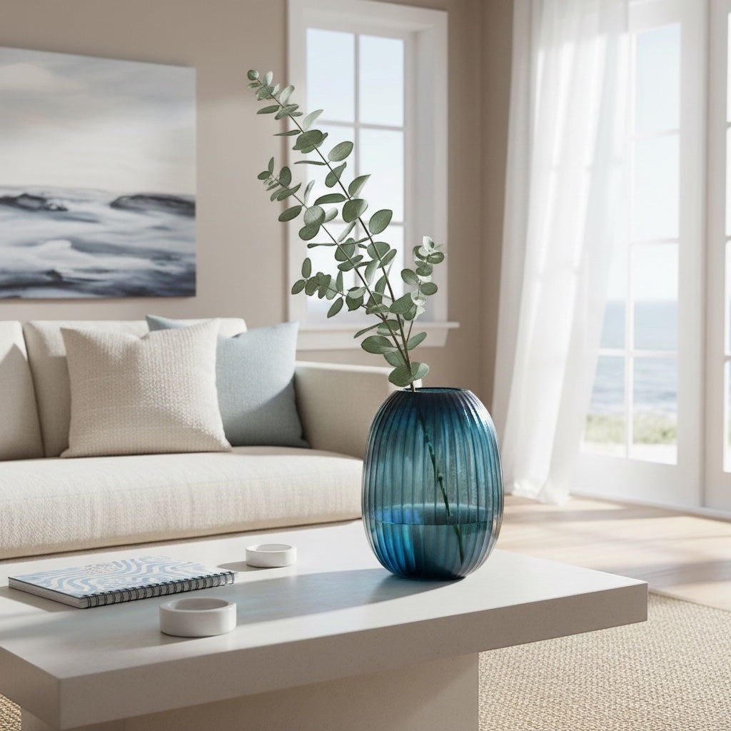 Eclectic Guaxs Patara ocean blue mouth-blown glass vase with pleated texture on a white coffee table in a living room.