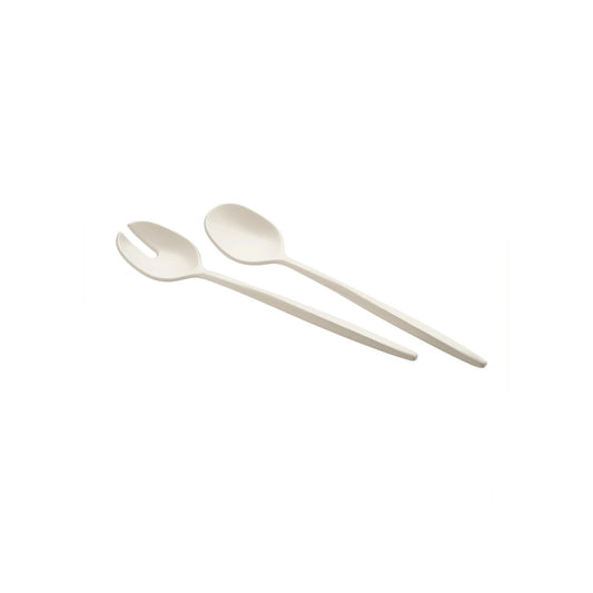 Eclectic Guzzini Tierra milk white recycled plastic salad server set with one open and one solid spoon