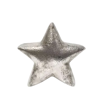 Eclectic hammered ceramic star sculpture in a reflective silver finish with a textured surface.