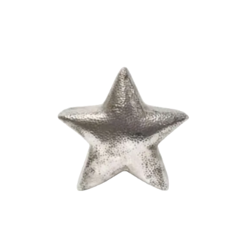 Eclectic hammered ceramic star sculpture in a reflective silver finish for modern home decor.