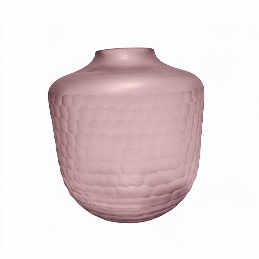 Eclectic hammered mauve glass vase with a rounded 50 cm silhouette and textured faceted surface.