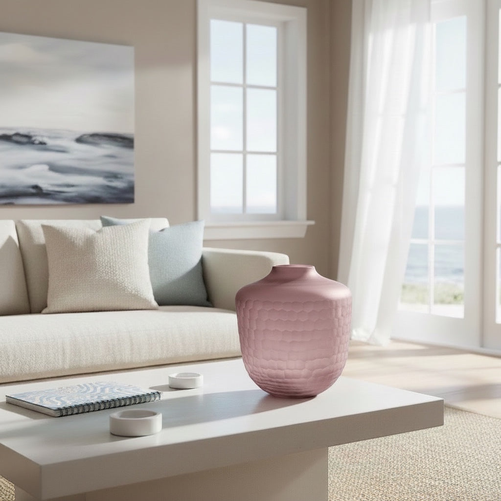 Eclectic hammered mauve glass vase on a white coffee table in a modern living room with a neutral sofa.