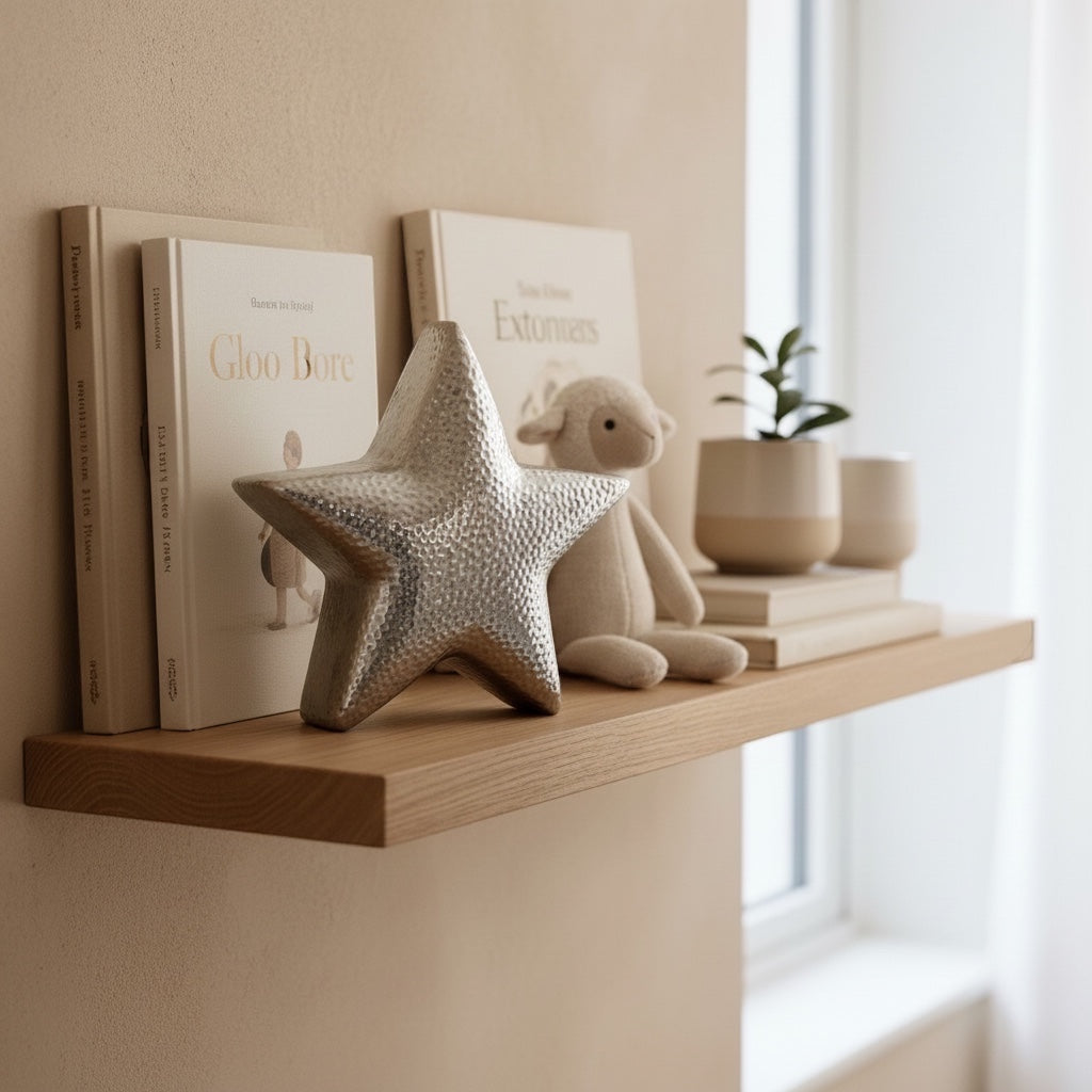 Eclectic hammered silver ceramic star sculpture displayed on a wooden nursery shelf with books and a plush toy.