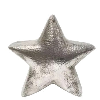 Eclectic hammered ceramic star sculpture with a reflective silver finish for modern home or festive decor.